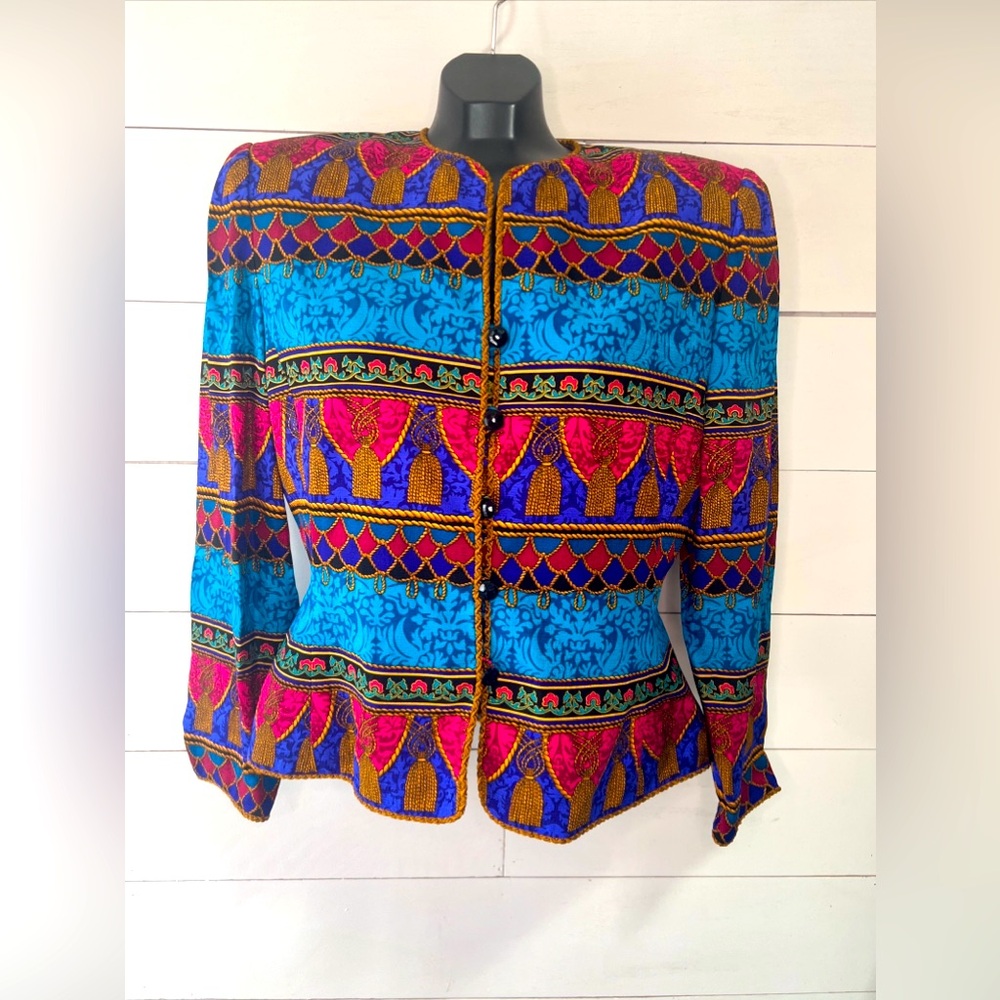 Womens Vintage Adrianna Papell 100% Silk Jacket Size 10 Art Deco Jewels Striped